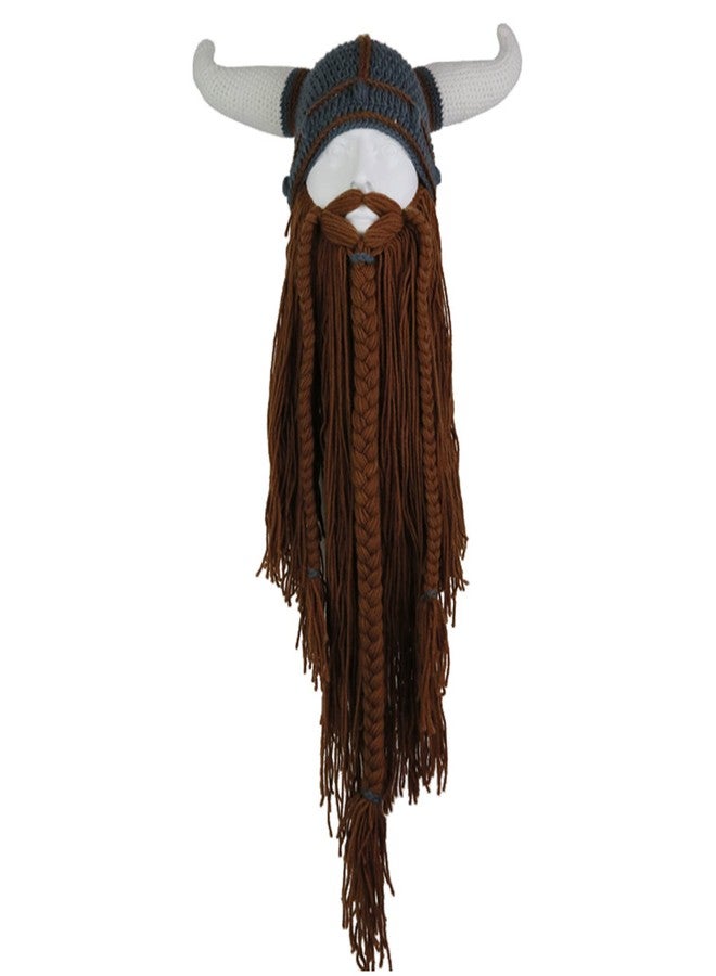 MERRYJULY Knit Viking Hat with Beard Novelty Hats for Men Adults Funny Dwarf Beanie Viking Warrior Horns Helmets for Halloween Costume Dress Up(Viking Beard Hat Long Brown) - Image 2